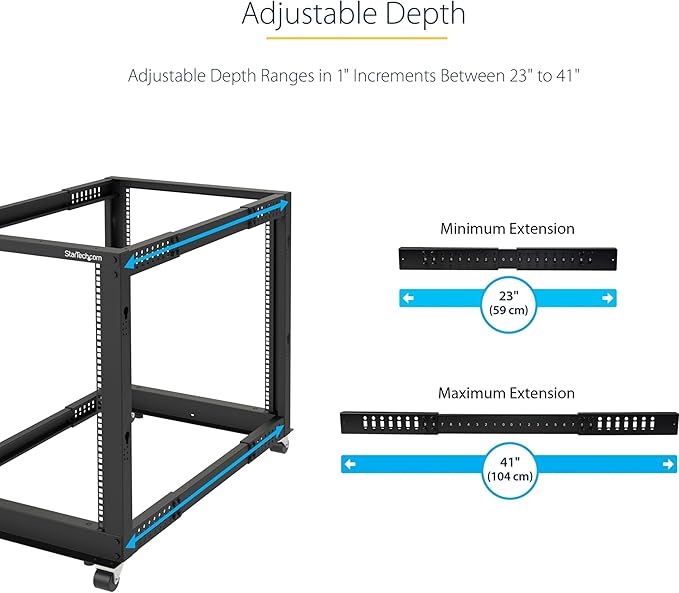 StarTech.com 4-Post 15U Mobile Open Frame Server Rack, 19in Network Rack with Wheels, Rolling Rack for Computer/AV/Data/IT Equipment - Casters, Leveling Feet or Floor Mounting (4POSTRACK15U)