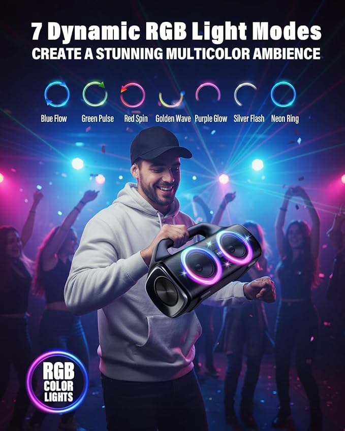 Speakers, 80w (Peak) Portable Wireless Speaker with Lights, Stereo Loud Sound, IP67 Waterproof, Deep Bass Outdoor Speakers Bluetooth 5.0 Dual Pairing for Home Party Beach Camping, Gifts