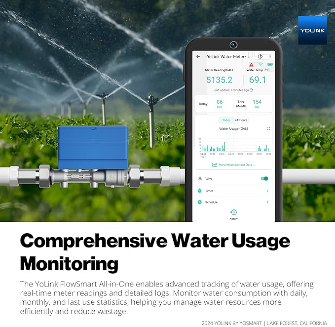 YoLink FlowSmart All-in-One: Smart Water Meter & Shutoff for 0.5'' Pipes, NSF Certified, Real-Time Leak Detection, App-Controlled, 10+ Year Battery, YoLink Hub Included – YS5018
