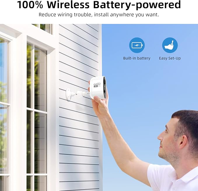 AOSU 2K Security Cameras Wireless Outdoor, Battery Powered for Home Security Cameras with PIR Human Motion Detection, Full-Color Night Vision, Spotlight & Siren, 2-Way Audio, 2.4GHz WiFi, Waterproof