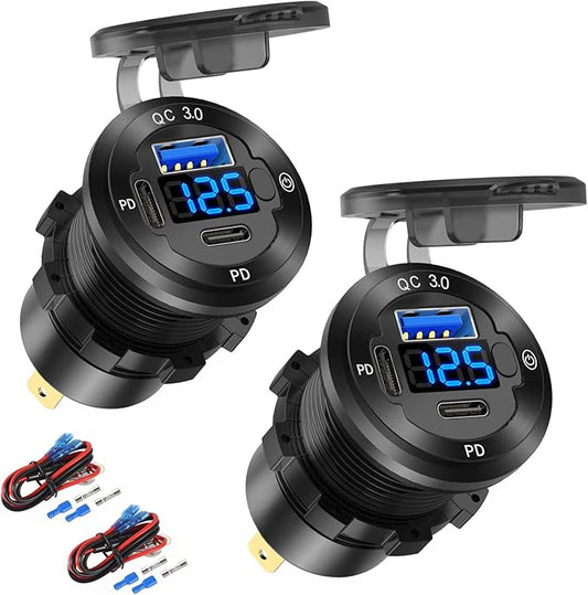 2 PACK 12V USB Car Socket Round USB C 12V Outlet, 3-Port Marine Fast Charger Waterproof Cigarette Outlet Replacement Aluminum with Switch and Voltmeter, Suitable for Boat Golf Cart RV Motorcycle