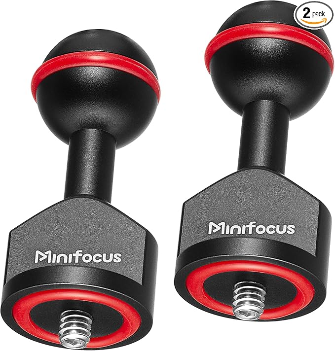 MINIFOCUS 2Pcs 1'' Ball Adapter to 1/4"-20 Screw, Universal Ball Joint Bracket with 1/4" Screw Base Adapter for Underwater Camera Arm Tray Diving Photography System