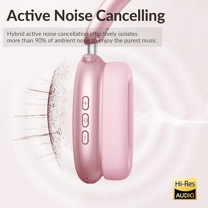 Y02 Active Noise Cancelling Headphones,60H Battery,5 EQ Music Modes,Hi-Res Audio,Deep Bass,Foldable Wireless Over Ear Bluetooth 5.4 Headset,Breathable Leather Earpads (Pink)