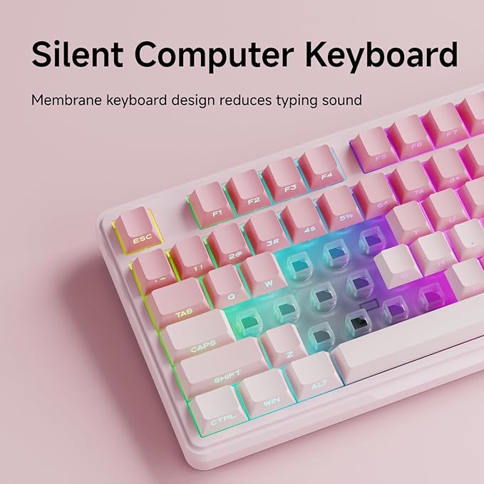 V102 Wired Keyboard, 98 Keys Creamy Gaming Keyboard with Number Pad, Display Screen & Media Knob RGB Silent Wired Cute Computer Keyboard for Laptop PC Gamer - Gradient Pink