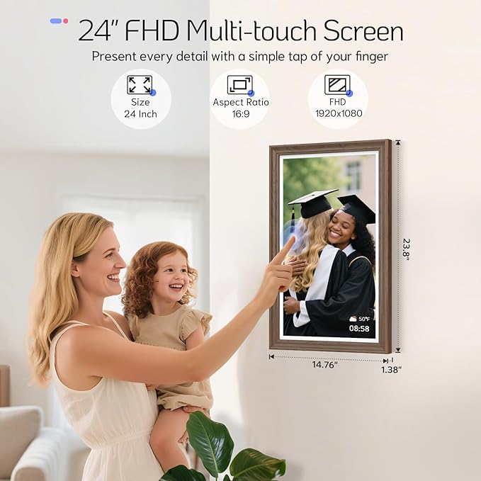 NexFoto Large Digital Picture Frame 24 Inch Touchscreen, FHD WiFi Electronic Photo Frame 64GB, Add Photos from Google Photos, Upload Videos via App/USB/Micro SD, Gifts for Housewarming/Mom, Walnut