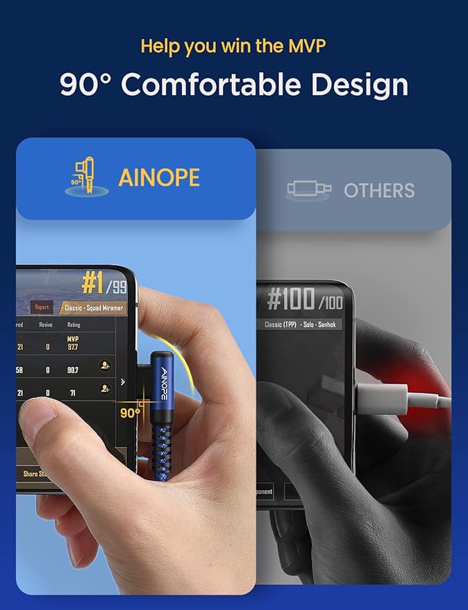 AINOPE USB C Cable 60W 2-Pack 6.6ft Nylon Braided USB C to USB C Cable Type C Charger Fast Charging Right Angle USBC Cable Charger Cord for iPhone 16 Pro Max 15 Plus Samsung S24 S23 iPad Pro Blue