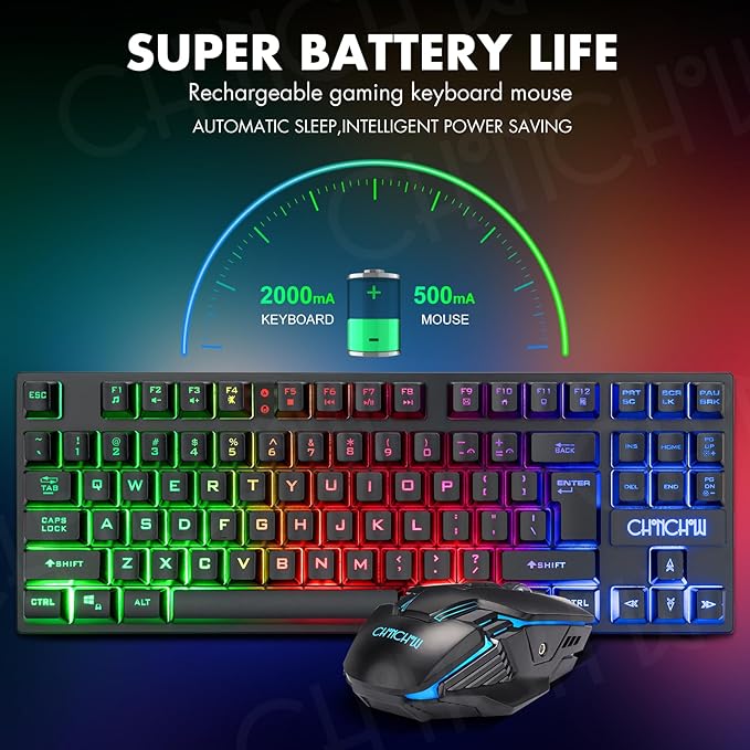 CHONCHOW Wireless Gaming Keyboard and Mouse Combo, Rechargeable 87 Key LED Light Up Keyboard, Ergonomic Wireless Gaming Mouse, Backlit for Xbox PS4 PC Laptop