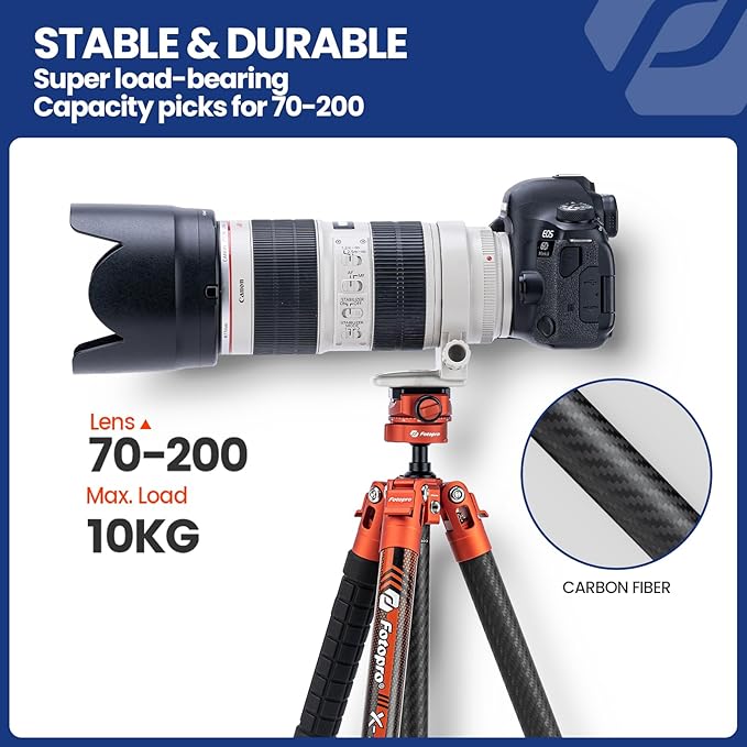 Fotopro Carbon Fiber Tripod 1.7lbs Ultralight 62 Inch Portable Compact Travel Tripod for Camera DSLR Load up to 22lbs X-Aircross 3 Lite Orange