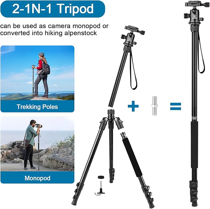 77 inch Professional Camera Photography Tripod,Ball Head Aluminum DSLR/SLR Tripod & Monopod with Carry Bag Compatible with Canon Nikon Binoculars Laser Telescop(Black)