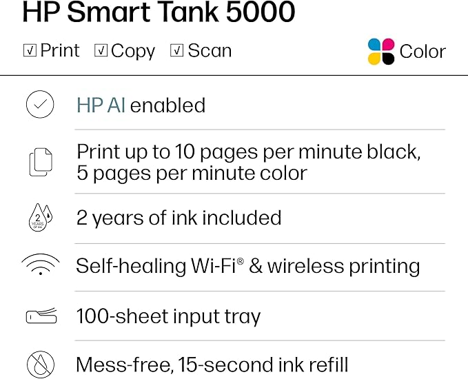 HP Smart Tank 5000 Wireless All-in-One Ink Tank Printer, Scanner, Copier with 2 years of ink included, Best-for-home, Refillable, AI-enabled (5D1B6A)