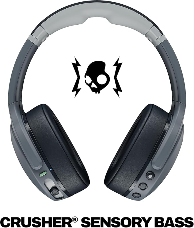 Skullcandy Crusher Evo Wireless Bluetooth Headphones with Multi-Sensory Bass, Noise Isolating Over-Ear Fit, Up to 40 Hours Battery, Microphone for iPhone Android - Chill Grey