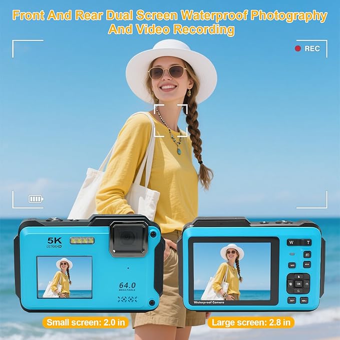 5k Underwater Camera,64mp Waterproof Camera Dual-Screen Selfie Underwater Cameras for Snorkeling 16x Digital Zoom WiFi Waterproof Digital Camera 1200mah Battery (Blue)