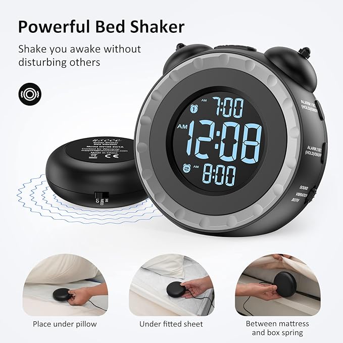 uscce Loud Dual Alarm Clock with Bed Shaker - 0-100% Dimmer, Vibrating Alarm Clock for Heavy Sleepers or Hearing Impaired, Easy to Set, USB Charging Port, Snooze, Battery Backup