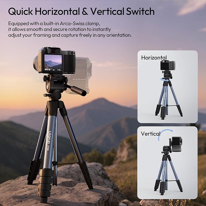ULANZI TT39 Travel Tripod with Fluid Head, Lightweight Camera Stand for DSLR and Phone, Compact 61'' Tripod Mount with Phone Clip for Outdoor Vlogging and On-The-Go Shooting