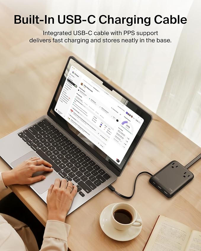 Belkin GaN Charging Station 70W, 6-in-1 USB C Charger w/ 2X AC Outlets, 2X USB A Ports, Integrated USB C Cable - Power Strip for iPhone, Apple Watch, iPad, MacBook, Chromebook, Galaxy, Pixel, & More