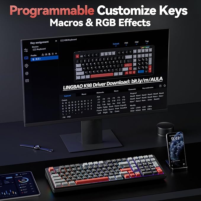 LINGBAO K98 Wireless Mechanical Gaming Keyboard, Tri-Mode BT5.0/2.4GHz/USB-C, Gasket Custom Hot-Swappable Linear Switches Creamy Keyboard with Number Pad, RGB Backlit Gaming Keyboard for PC Laptop