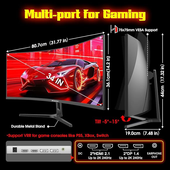 SANSUI 34 Inch 240Hz Curved Ultrawide UWQHD 3440x1440 Gaming Monitor, 21:9 2K Curved Monitor 1500R,Fast VA, PIP/PBP,AI Crosshair,AIPQ(Visual Enhance),MPRT 1ms,HDR,HDMI2.1 * 2,DP1.4 * 2(DP Cable Incl.)