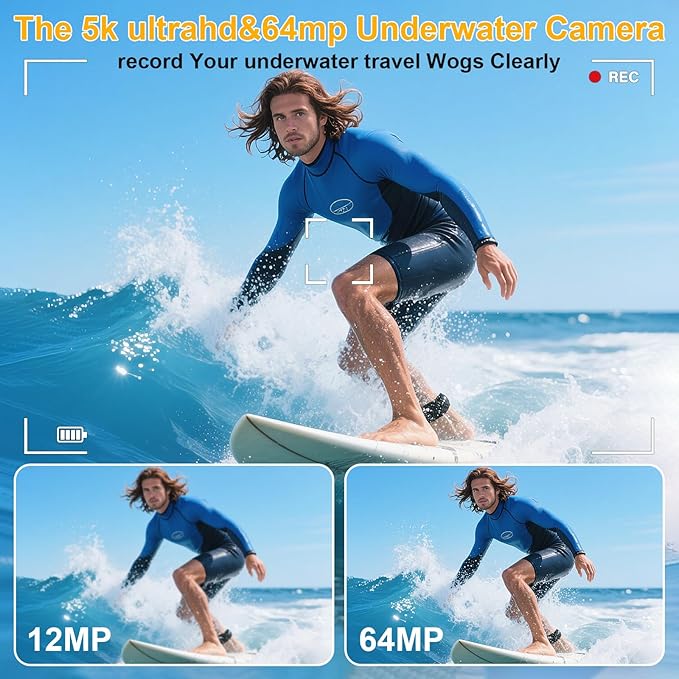 5k Underwater Camera,64mp Waterproof Camera Dual-Screen Selfie Underwater Cameras for Snorkeling 16x Digital Zoom WiFi Waterproof Digital Camera 1200mah Battery (Blue)