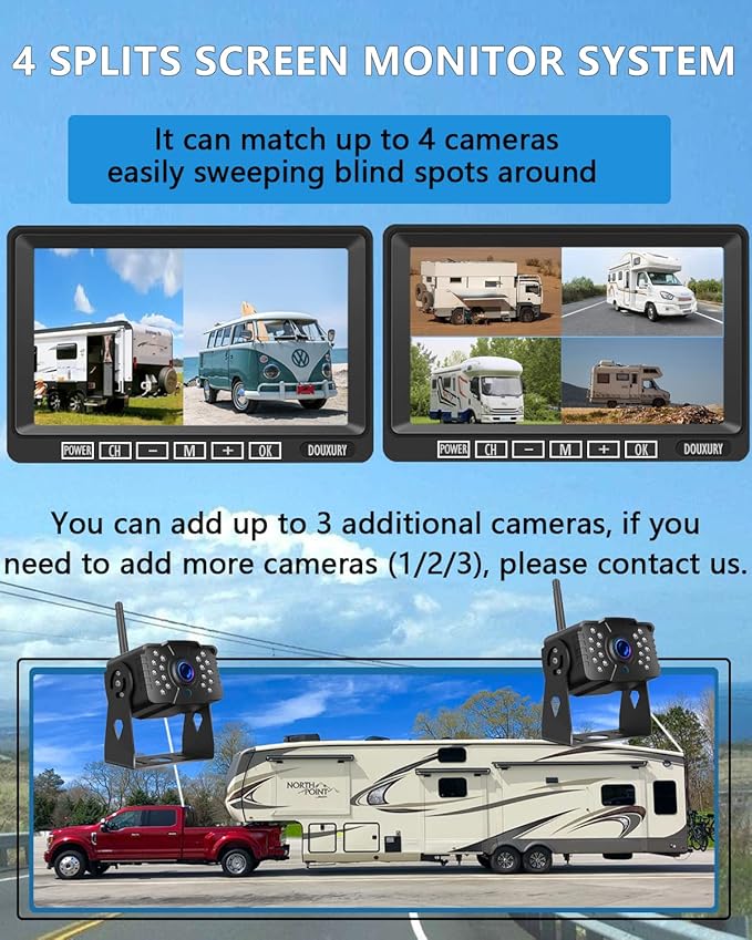 Wireless RV Backup Camera, DOUXURY IP69 Waterproof 170° Wide View Angle HD 1080P Rear View Camera + HD LCD 7" Monitor, Digital Wireless Camera System for RV Truck 5th Wheel Trailer Pickup Camper Bus