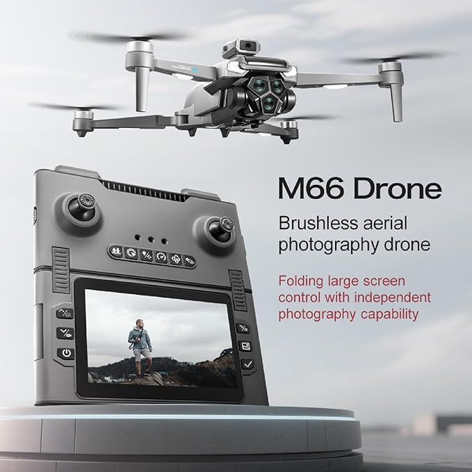 M66 Drone with New Foldable Remote Control with Screen, Two-batteries, Brushless Motor, Altitude Hold, One Key Take Off/Landing, with Black Outdoor Carrying Case.