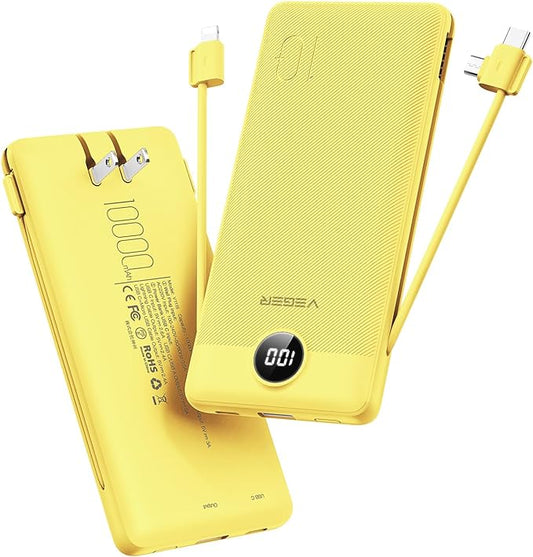 VEGER Portable Charger with Built-in AC Plug and Cables, All in One 10000mAh Ultra-Slim Power Bank, 15W Fast Charging for iPhone, Samsung, Android, Travel Essential (Yellow)