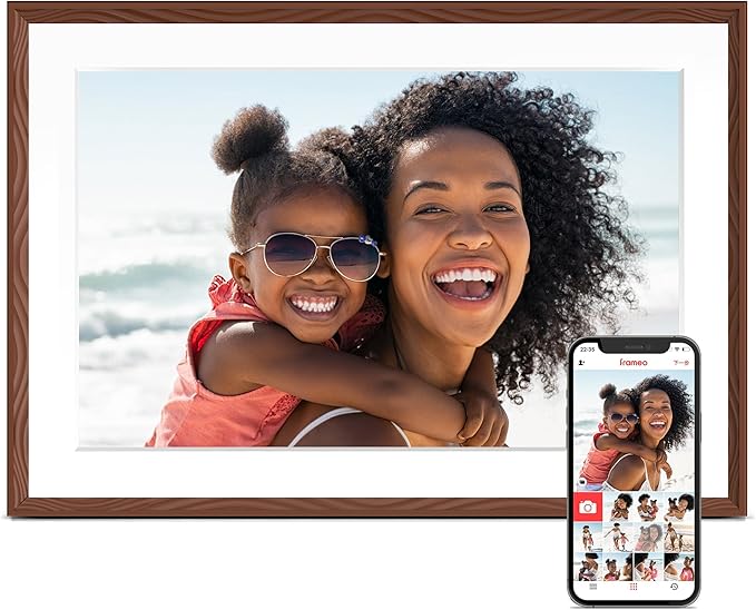 Digital Picture Frame, 10.1'' Frameo Digital Frame Wifi, 1280*800 HD Touch Screen, 32GB Memory, Wall Mountable Digital Photo Frame, Auto-Rotate, Share Instantly, Wedding, Birthday Gifts for Mom, Brown