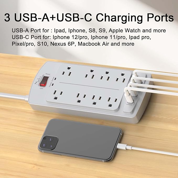 Surge Protector Power Strip - Nuetsa Flat Plug Extension Cord with 8 Outlets and 4 USB Ports, 6 Feet Power Cord (1625W/13A), 2700 Joules, ETL Listed, Grey