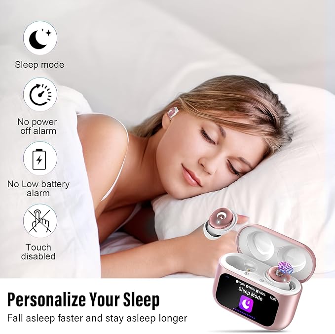 Sleep Earbuds Bluetooth 5.4 Smart Touch Screen in Ear Ear Buds, 48H Mini Sleep Headphones Small Design for Side Sleepers, Clear Calls, 5 EQ Modes, IPX7 Waterproof Earphones, Rose Gold Earbuds