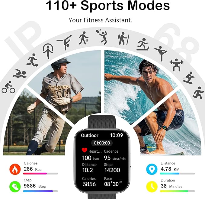 Smart Watch for Men Women, Answer/Make Calls, New 1.85"HD AMOLED Curved Display Fitness Watch with Blood Pressure Sleep Heart Rate Monitor, AI Dial, AI Q&A,110+ Sports True IP68 Waterproof Smartwatch