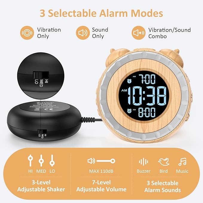uscce Dual Extra Loud Alarm Clock with Bed Shaker - 0-100% Dimmer, Vibrating Alarm Clock for Heavy Sleepers or Hearing Impaired, Easy to Set, Snooze, Battery Backup, Wake with a Shake(Wood Grain)