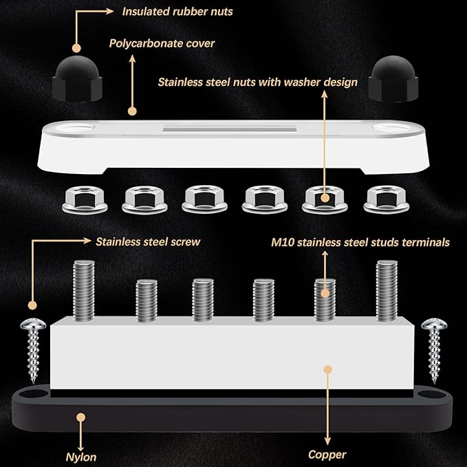 650A 12V-48V Bus Bar Marine Power Distribution Block with Cover with 6 x 3/8”Post,Battery Bus Bar (Pair,Red & Black),Automotive Busbars 12 Volt for Car Boat Solar Wiring