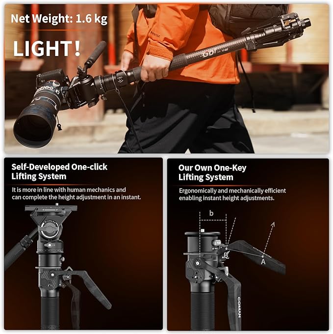 COMAN One-Click Lifting Carbon Fiber Monopod, 69‘’ Camera Monopod with Feet, Lightweight Travel Tripod with Quick Release Plate for Camera, DSLR, Camcorder, Max Load 22lbs/10kg (M1ProV5)