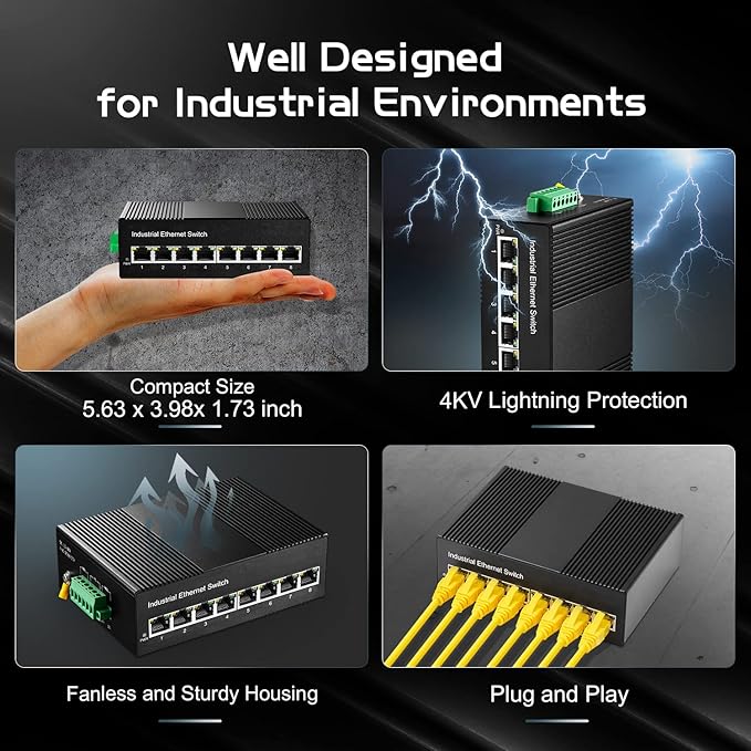 8 Port Gigabit Industrial Ethernet Switch, 8 Ports 10/100/1000Mbps, Fanless Wall Mount and Din Rail, Metal IP40 -40~75°C, with One Power Supply