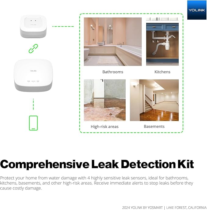 YoLink Water Leak Starter Kit: Hub + 2 Leak Sensor 1 (Silent), LoRa Long-Range, App/SMS/Email Alerts, D2D Offline Triggers, 2 AAA Up to 5-Year Battery, Works with Alexa/IFTTT/Home Assistant