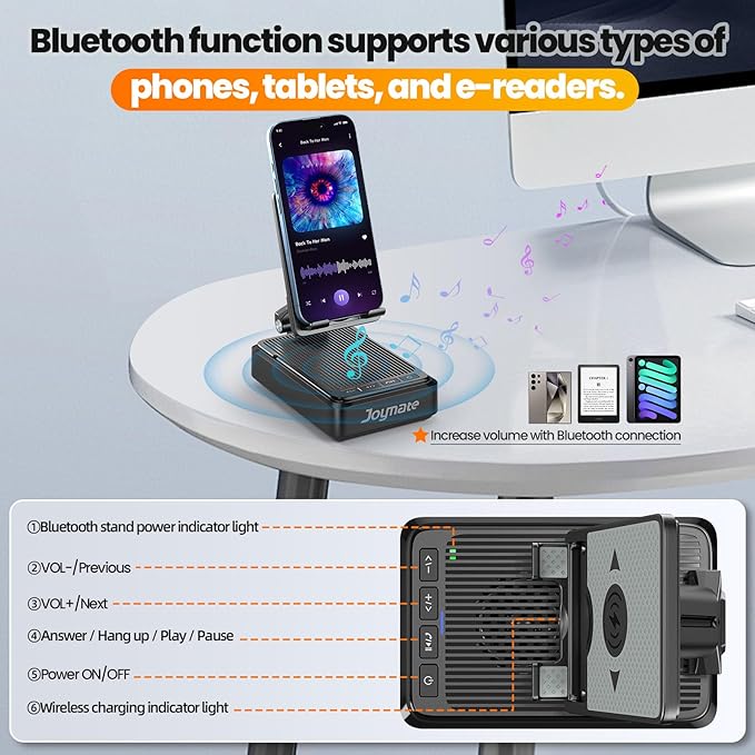 Gifts for Men and Women, Wireless Phone Charger Stand with Bluetooth Speaker and Adjustable Angle Phone Holder for Desk Tech Gift for Birthday/Anniversary (Black)