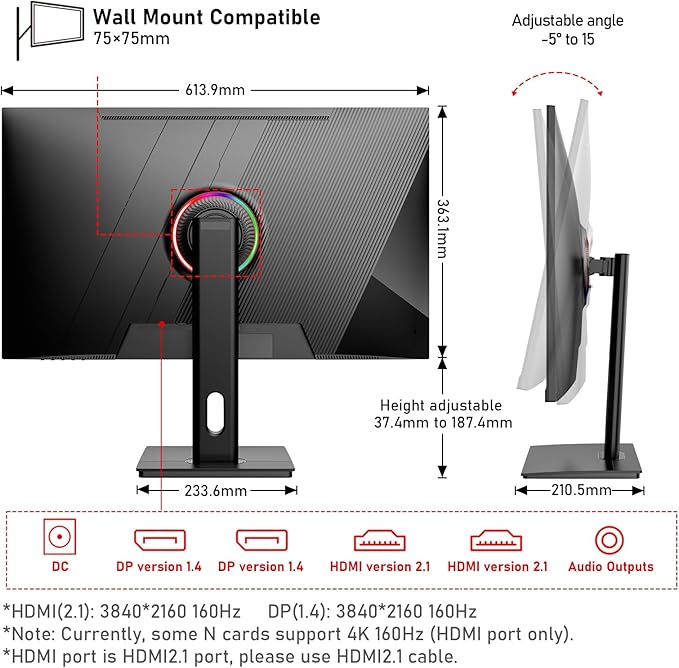 27 inch IPS PC Screen, 4K Gaming Monitor 160Hz, 1ms, FreeSync, 100% sRGB, 178° Wide Viewing Angle, HDMI 2.1, DisplayPort,Height-Adjustable and Swivel,75 * 75MM Wall Mount Compatible - Black