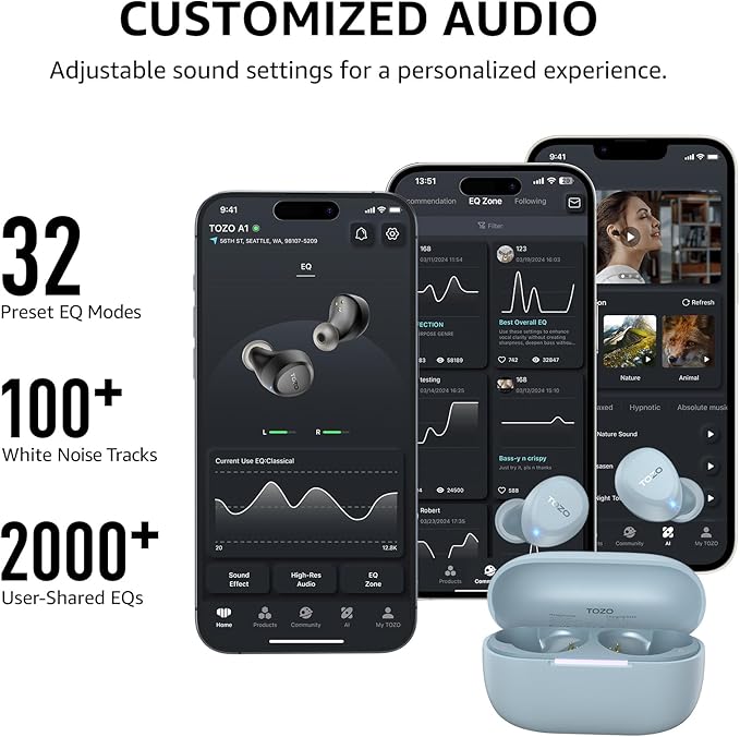 TOZO A1 Wireless Earbuds Bluetooth 5.3 Light Weight in Ear IPX5 Waterproof Headphones 2 Mic for AI Calls, Immersive Premium Sound Bass Headset with Charging Case, 32 Presets EQ Customization via App
