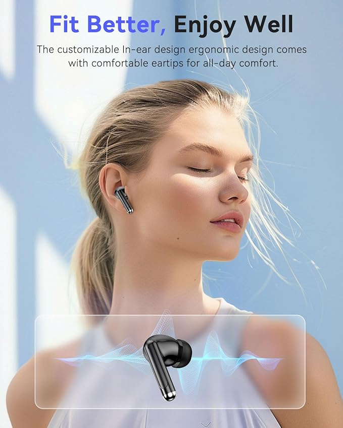Bluetooth Headphones True Wireless Earbuds 50H Playback LED Power Display Earphones with Charging Case IPX7 Waterproof in-Ear Ear Buds with Mic for Smart Phone Computer Sports, Black