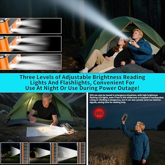 Ultra High Capacity Solar Power Bank 80000mAh, PD18W Solar Charger Power Bank with Built-in Cables, 4 Outputs & 2 Inputs, Outdoor Battery Pack with LED Flashlight for Outdoor Camping Survival(Orange）