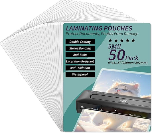 Laminating Sheets - 5Mil Thermal Laminating Pouches, 9"x11.5" Clear Laminate Sheets for Schedules, Menus, Certificates, Art Drawings, Round Corner, 50 Pack
