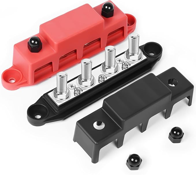 Bus Bar 12v Power Distribution Block 250A Bus Bar with 4 x 3/8" Studs Marine Battery Busbars Terminal Ground Distribution Block with Cover for Automotive, Boat, Car, Solar Wiring (Pair, Red & Black)