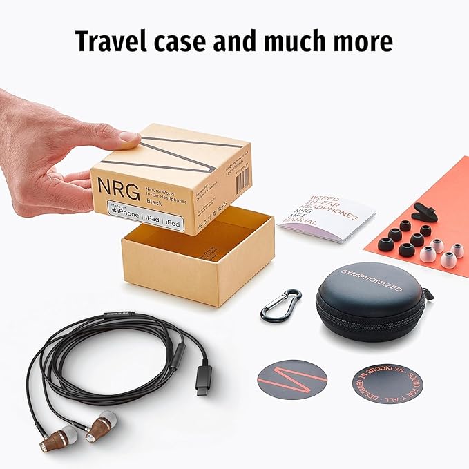 Symphonized Premium Wooden iPhone Earphones Wired (USB C) Deep Bass Sound, 3D Sound, Microphone Volume Control, 90% Noise Cancelling for Type C Devices. Earphones for iPhone 15 to 17 & Android (Black)