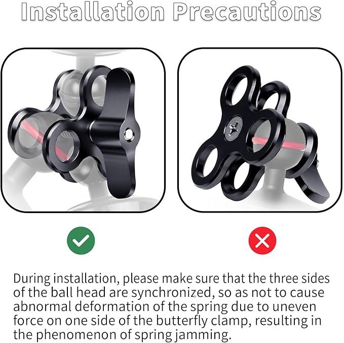 3-Hole 1" Aluminum Underwater Camera Clamp Ball Mount (2-Pack) - Underwater Bracket for Diving Light Arms & Camera Trays, Saltwater-Resistant Adapter for Scuba Photography/Videography Gear