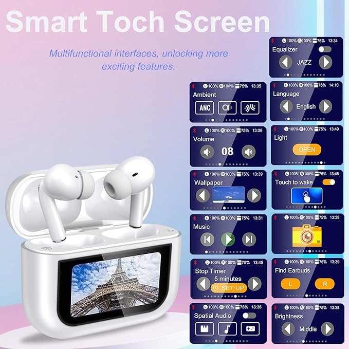 Wireless Earbuds, Earphones Wireless Bluetooth 5.4 In Ear Headphones, 40H Hifi Sound ANC Noise Canceling Earbuds, Touch Screen Ear Buds Multifunctional Headsets for Android/IOS Work Gym Sports (White)