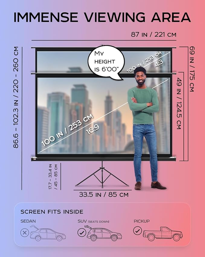 PropVue Projector Screen with Stand 100 inch - Indoor and Outdoor Projection Screen for Movie or Office Presentation - Adjustable from 16:9 to 4:3 HD Premium Wrinkle-Free Tripod Screen