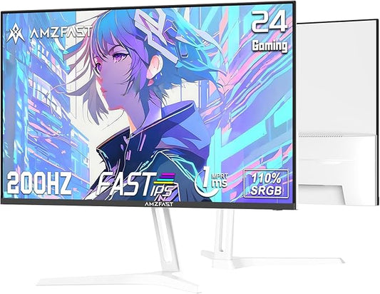 Amzfast 24 Inch Gaming Monitor 200Hz FHD 1080p Fast IPS Computer Monitor, 110% sRGB 1ms HDR Support Adaptive Sync, Eye Care VESA Mount HDMI 2.0 | Display Port 1.4 White Monitor, G24X1W
