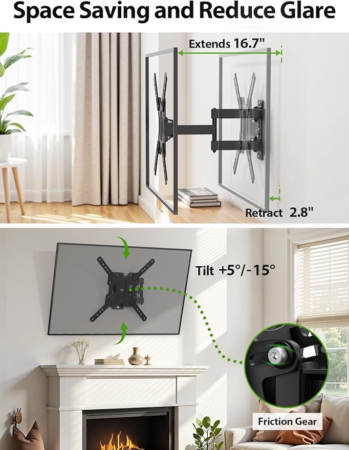 USX MOUNT UL Listed Full Motion TV Mount, Swivel Articulating Tilt TV Wall Mount for 26-65 Inch LED, 4K, Wall Mount Bracket with VESA 400x400mm Up to 77lbs, Perfect Center Design -XMM006-1