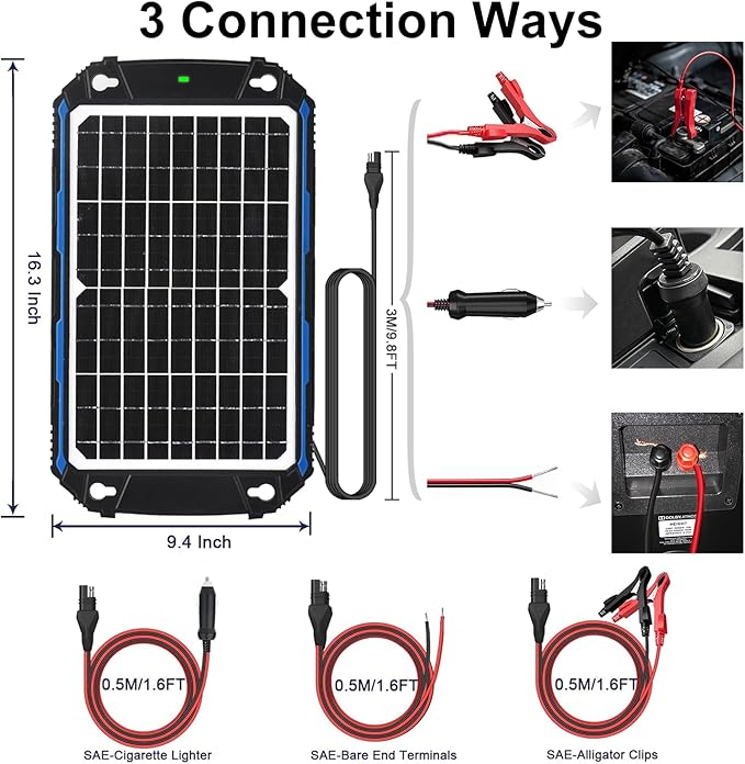 SUNER POWER Waterproof 12W 12V Solar Battery Charger & Maintainer Pro, Built-in UltraSmart MPPT Charge Controller, 12 Volt Solar Panel Trickle Charging Kits for Car Automotive Boat Marine RV Trailer