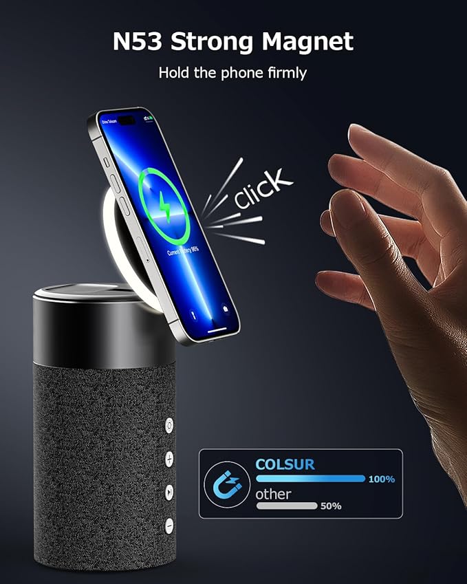 COLSUR Bluetooth Speaker, Magnetic Wireless Charger, Bluetooth Speakers with Night Light, 2 in 1 Wireless Charging Station for iPhone 16/15/14/13/12 Series, AirPods Pro 4/3（Gift Ideal）