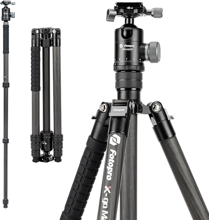 Fotopro 68" Carbon Fiber Travel Tripod, Heavy Duty Camera Tripod with Ball Head, Detachable Monopod with Quick Release Plate and Bag, Load up to 12KG/26lbs